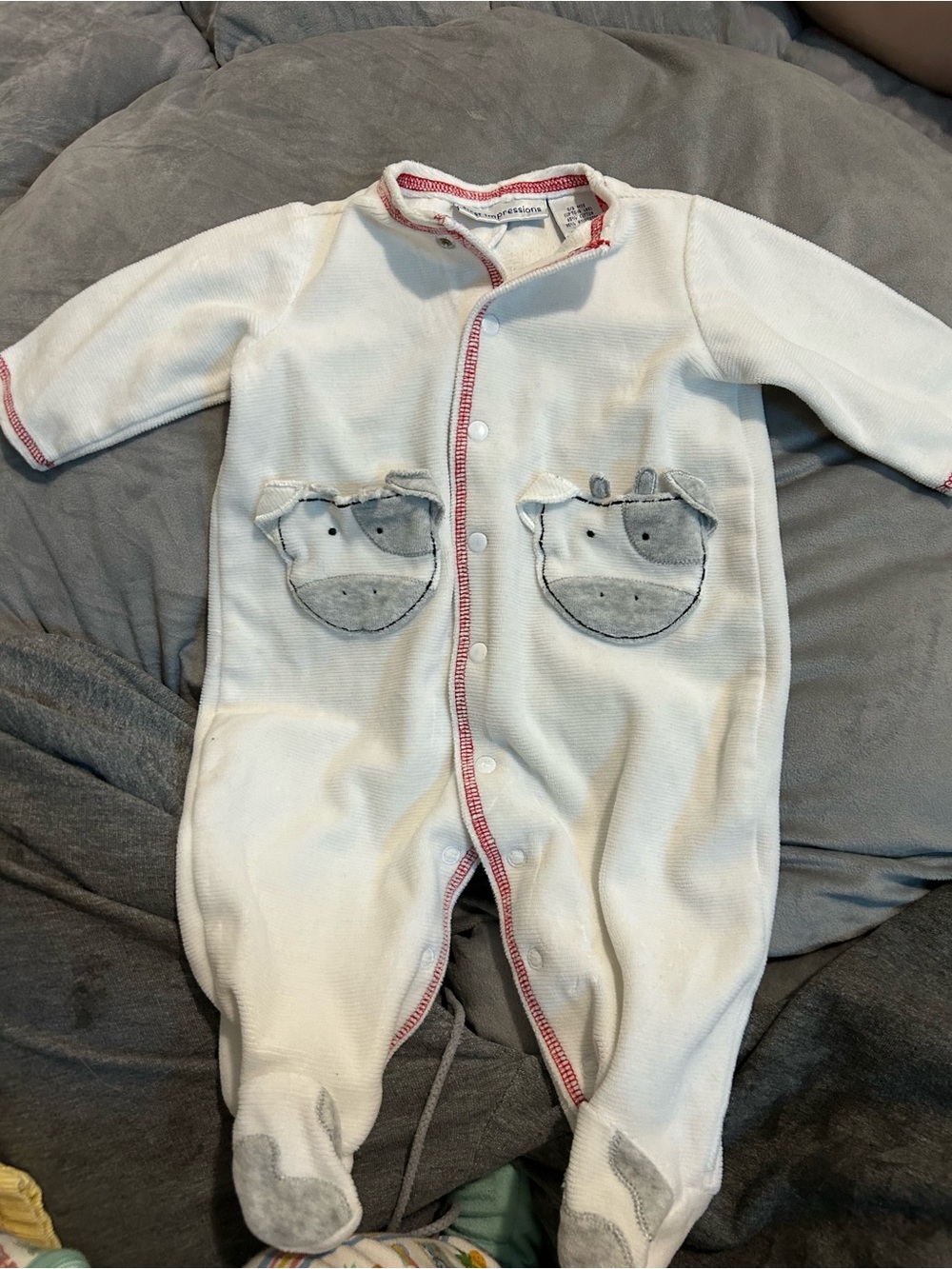 First Impressions Cream Baby One-Piece with Grey Cow Pockets